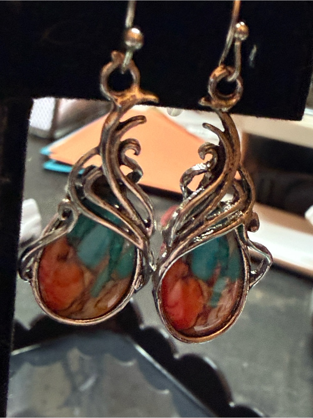 Silver-Tone Teardrop Earrings with Faux Turquoise and Coral Accents